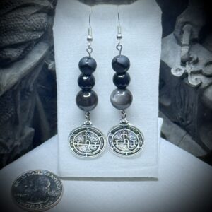 Genuine Gemstones - Earrings - Lilith Sigil - Black Moonstone, Black Tourmaline & Black obsidian